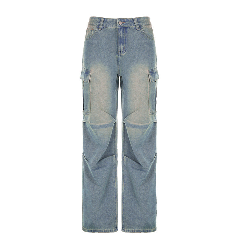 Street Pleated Low Waist Washed Worn Jeans Solid Color Flanging Pocket Straight All Matching Overalls Trousers