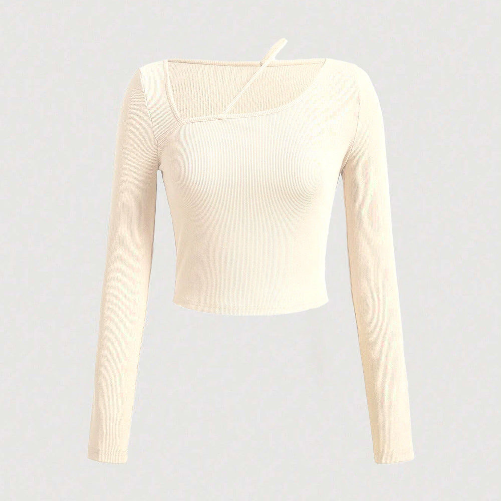 Autumn Winter Women Clothing Slim Knitted Long Sleeved T shirt Diagonal Collar Outer Wear Bottoming Shirt Top