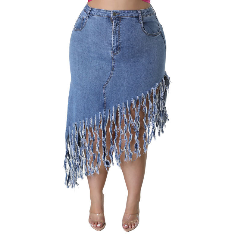 Plus Size Women Clothes Spring Denim Skirt with Tassel Source