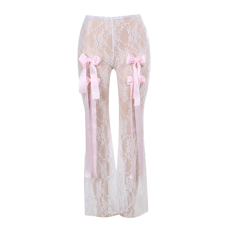 High Waist Lace See through Bow Trousers Sexy All Matching Straight Pants