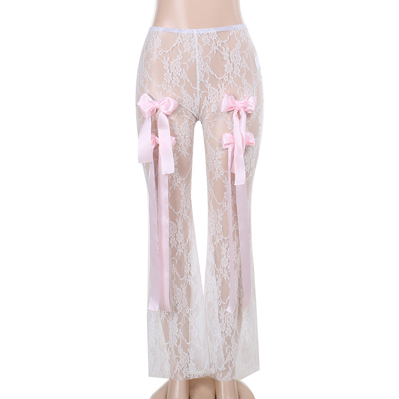 High Waist Lace See through Bow Trousers Sexy All Matching Straight Pants