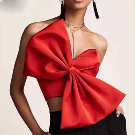 Sexy Bow Wrapped Chest Strapless 3D All-Matching Short Top Shirt Women Women Tops