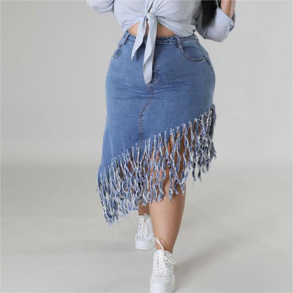 Plus Size Women Clothes Spring Denim Skirt with Tassel Source