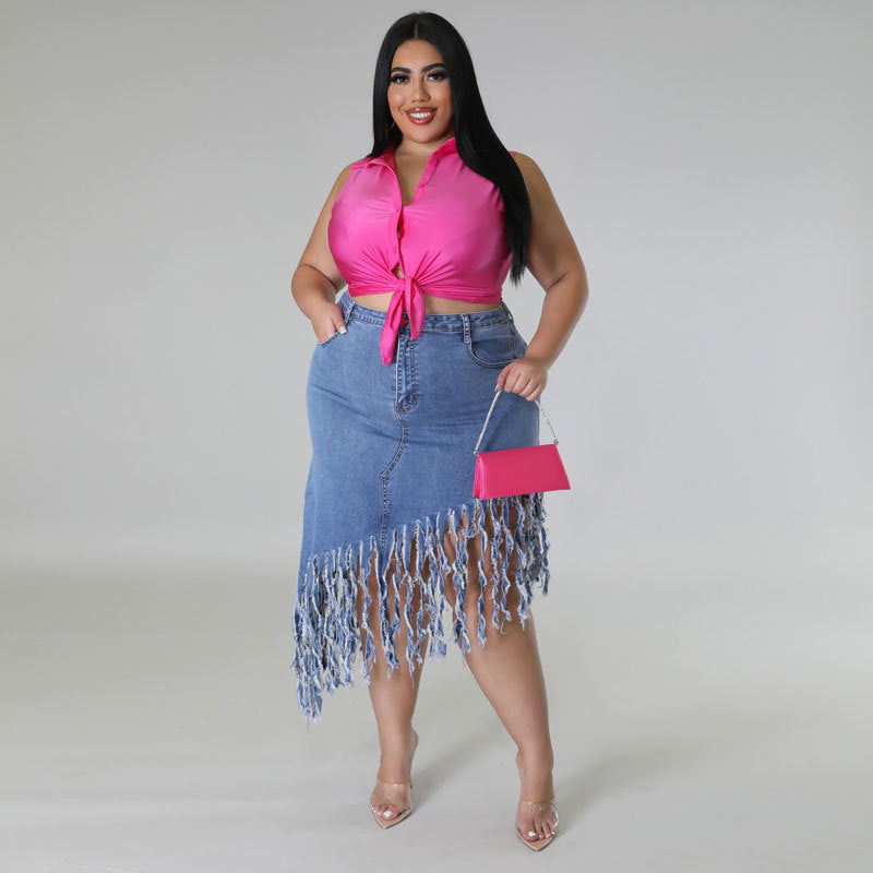 Plus Size Women Clothes Spring Denim Skirt with Tassel Source