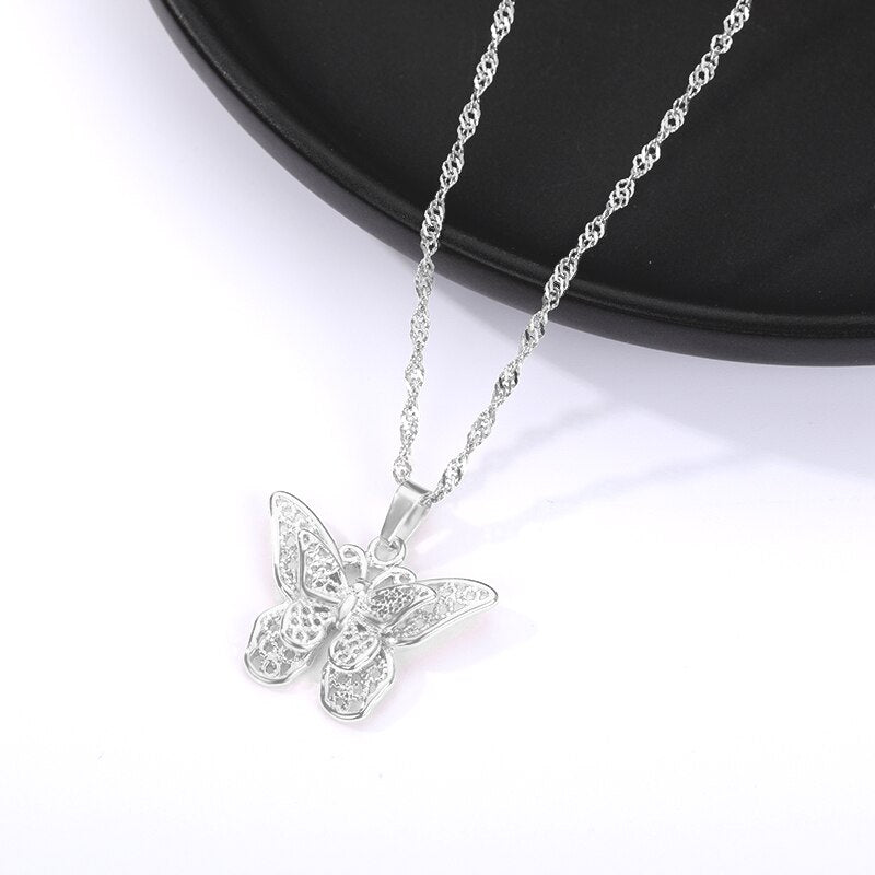 Butterfly Necklaces For Women Stainless Steel Water Wave Chain Choker Pendant Necklace Butterfly Jewelry Gift Bijoux Femme