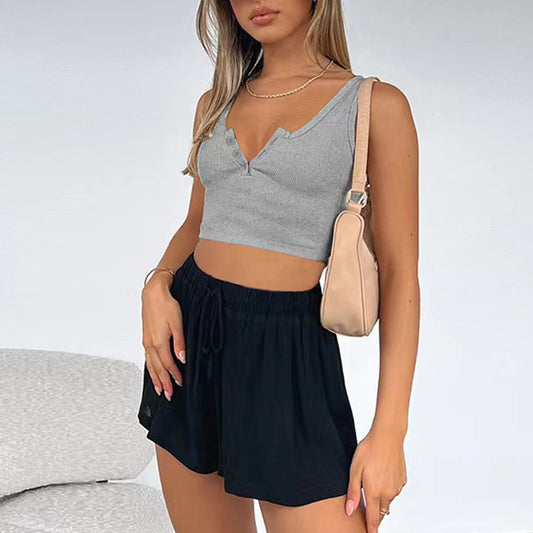 Summer New Women Short cropped Slim Fit Sleeveless Top Cotton Rib U-Neck Button Vest