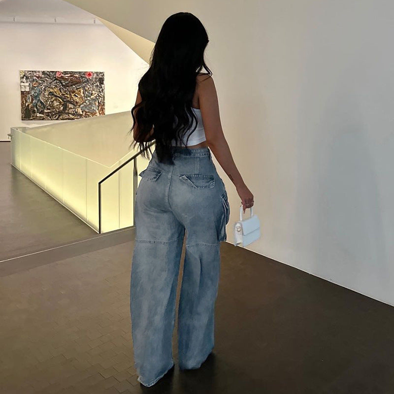 Large Pocket Design High Waist Straight Jeans Sexy Street Drape Overalls Wide Leg Pants