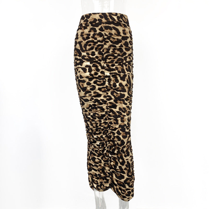 Autumn Winter High Waist Leopard-Print Skirt Sexy Tight Fold Split Mid-Length Skirt