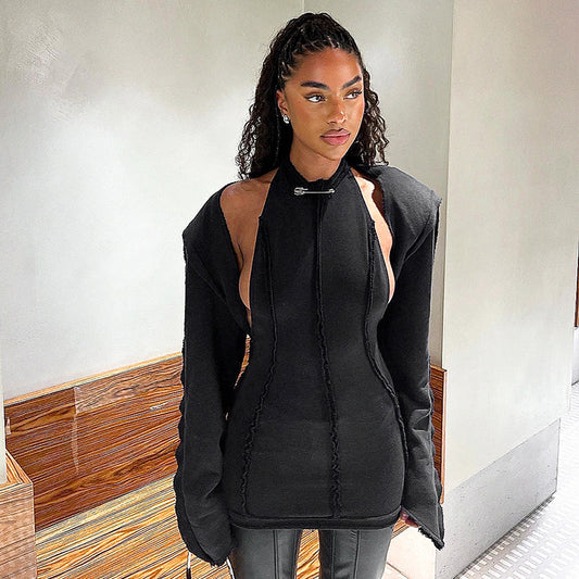 Women Clothing Winter Solid Color Hoodie Long Sleeve Halter Ripped Backless Short Dress Set