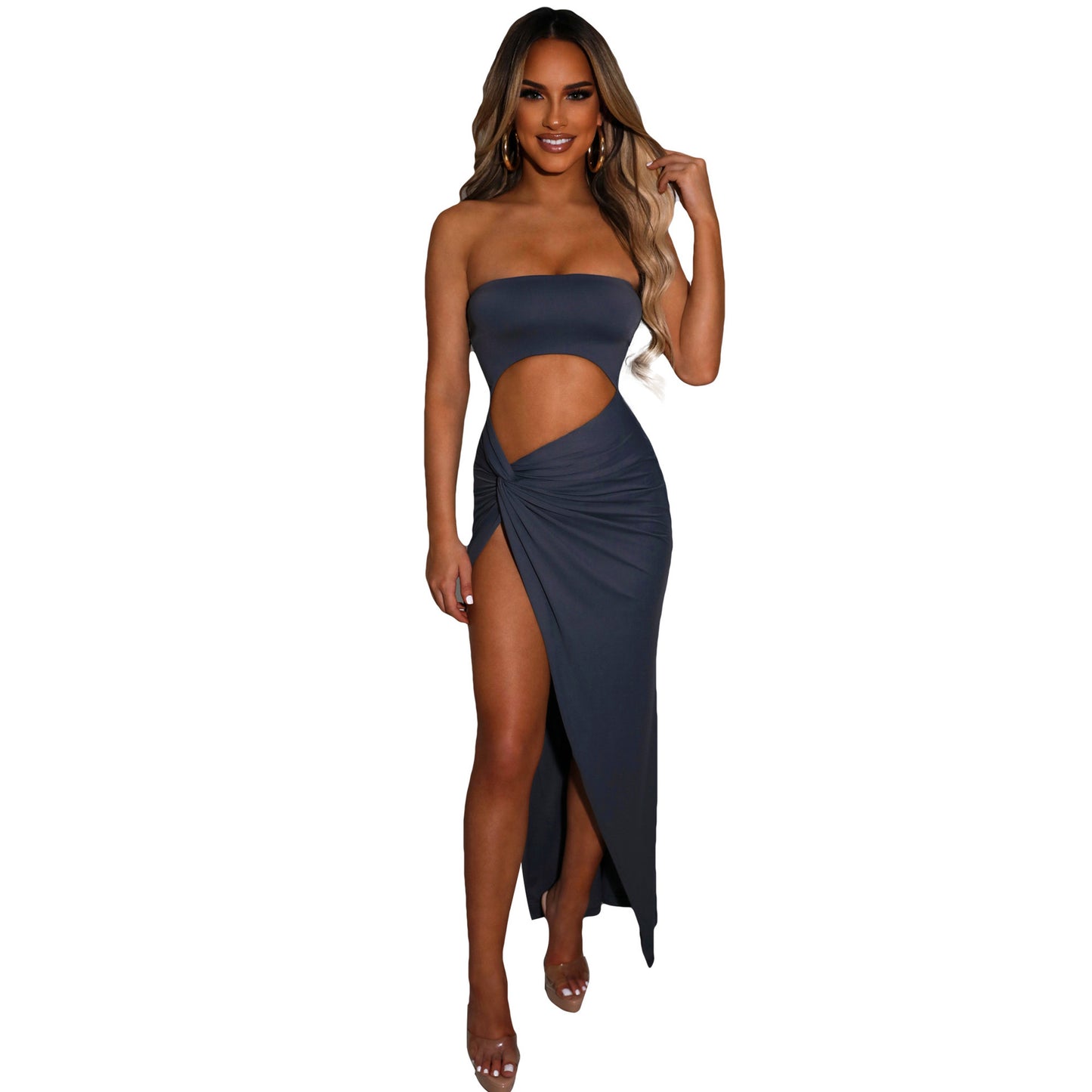 Women Clothing Solid Color Sexy Dress Hollow Out Cutout out Exposed Navel Pleated Wrapped Chest Split  Hollow Out Cutout Dress