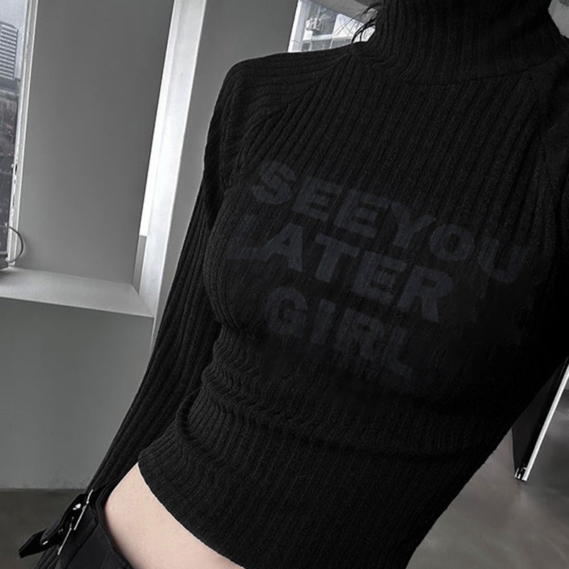 Early Autumn High Collar Sunken Stripe Slim Top Letter Graphic Print Basic Long Sleeve Women Clothing