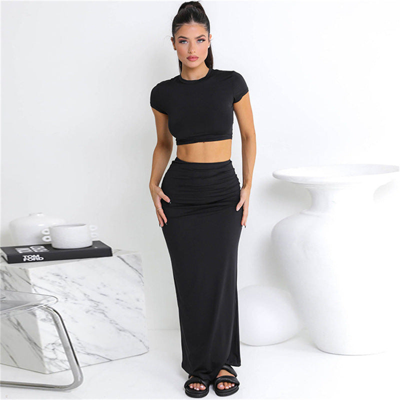 Spring Summer Women  Clothing Cropped T shirt High Waist Sheath Skirt Casual Suit