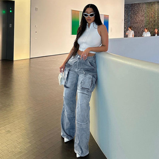 Large Pocket Design High Waist Straight Jeans Sexy Street Drape Overalls Wide Leg Pants