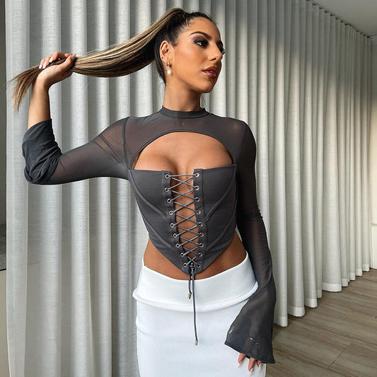 Women Clothing Autumn Solid Color Casual Backless round Neck Long Sleeve Tied Mesh Slim Fit Top