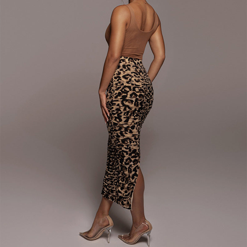 Autumn Winter High Waist Leopard-Print Skirt Sexy Tight Fold Split Mid-Length Skirt