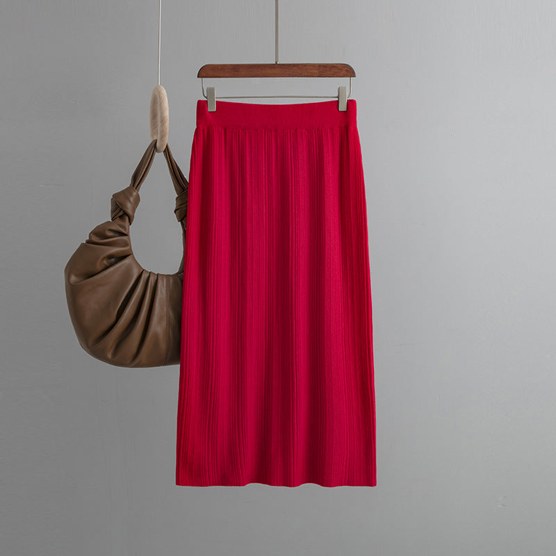 Back Slit Knitted Sunken Stripe Skirt Pure Color Elastic Waist Elastic Hip Elegant Slimming Wool Skirt Autumn