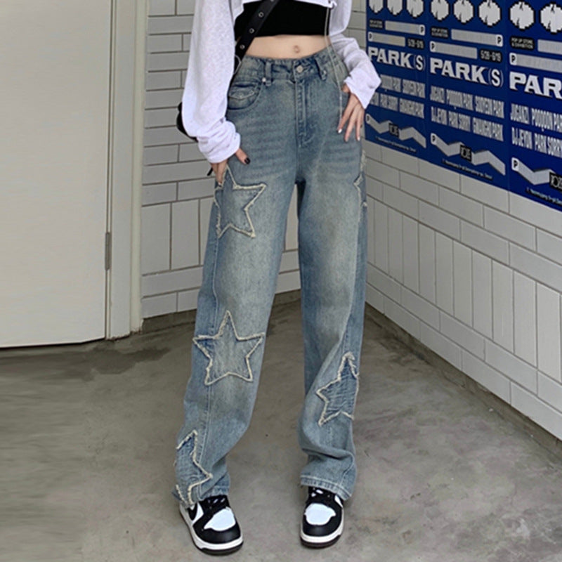 Street Pentagram Paste Cloth Embroidery Straight Casual Pants Worn Looking Washed out High Waist All Matching Jeans