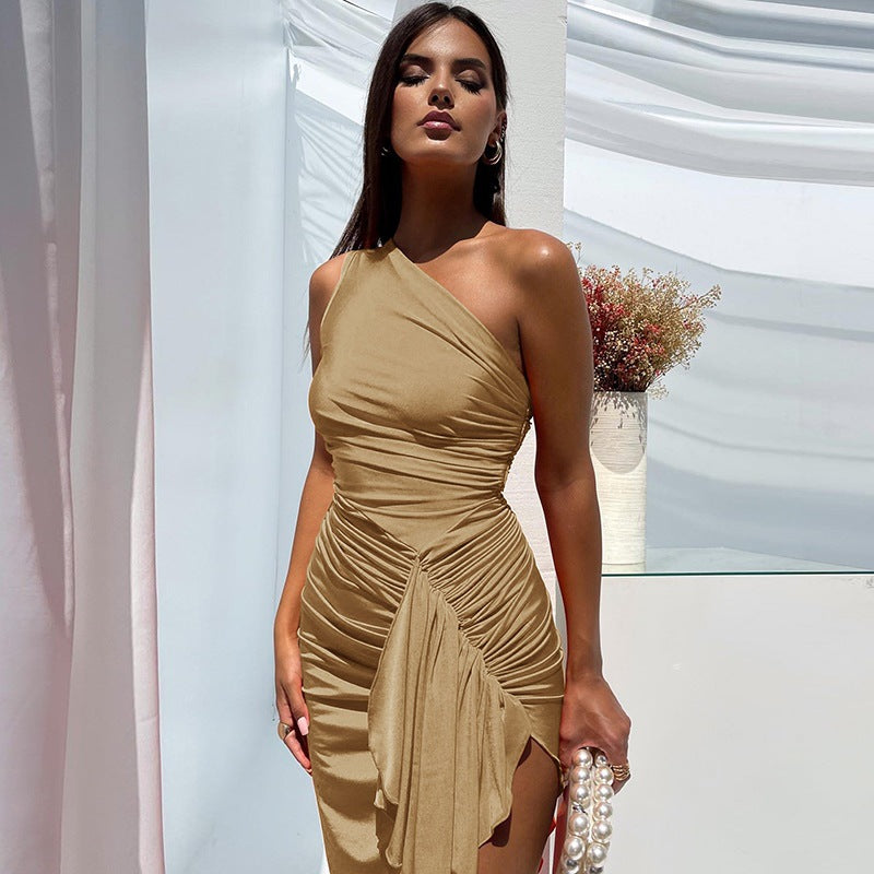 Summer Fall Women Clothing Slant-Shoulder Pleated Slit Slim Fitting Sexy Dress